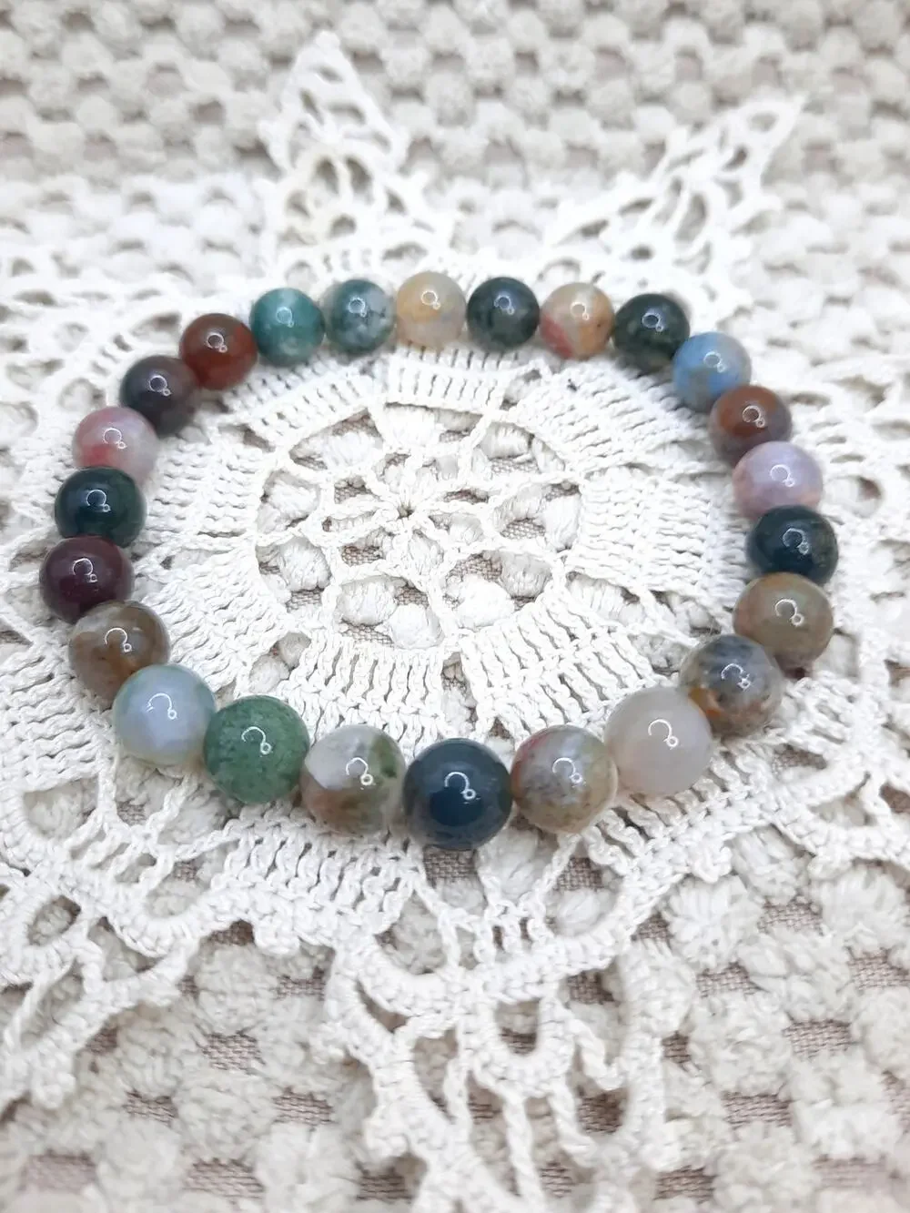 Natural Indian Agate Bracelet Multi-Color Beaded Stretch Earthy Tone Unisex Boho